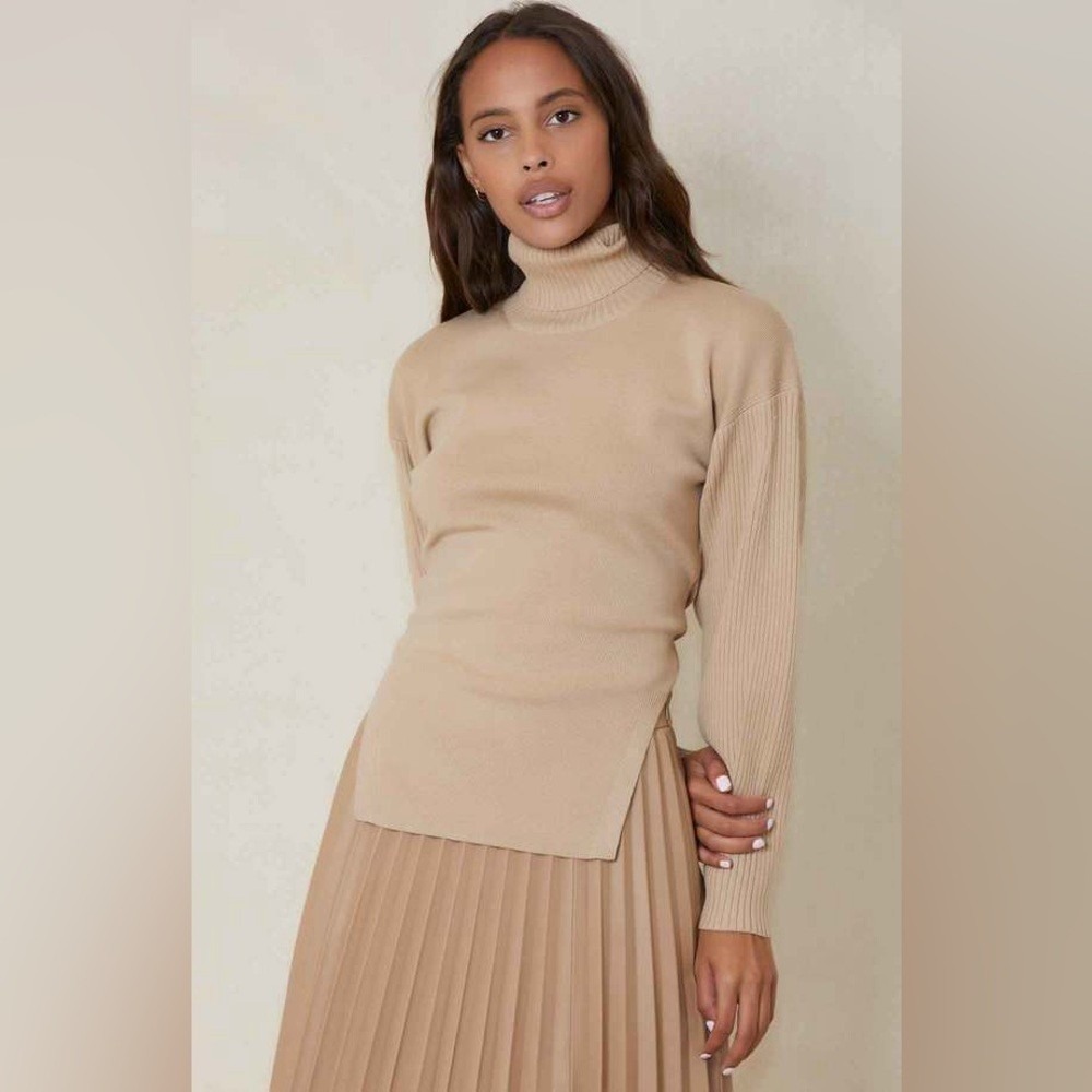 Jonathan Simkhai Eleanor Back Tie Cut Out Turtleneck Sweater in Camel XS